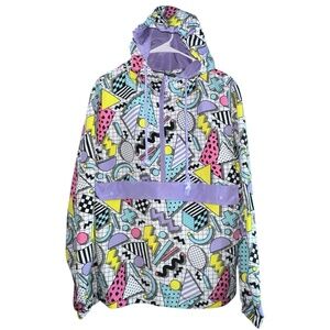 Super Massive 80's Print Hooded Windbreaker Jacket Colorful Retro Size M Unisex